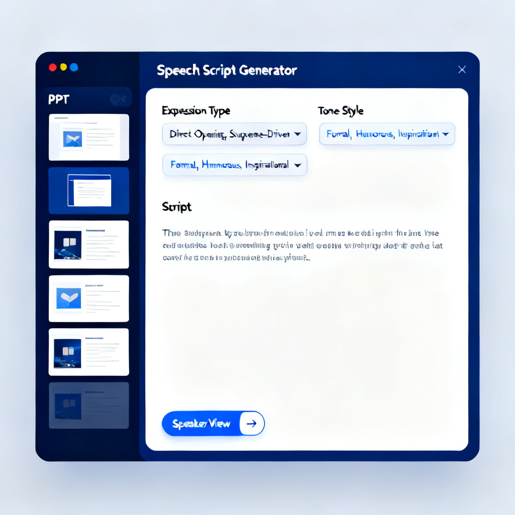 A professional interface of ChatPPT showing the "Speech Script Generator" panel. Left side lists PPT slide thumbnails, right side shows generated script with a dropdown menu for "Expression Type" (e.g., Direct Opening, Suspense-Driven) and "Tone Style" (e.g., Formal, Humorous, Inspirational). Bottom has a "Speaker View" toggle button. The overall style is clean, modern, with a dark blue and white color scheme.
