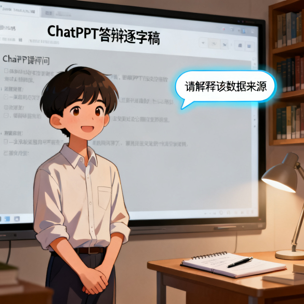 一张模拟答辩场景的插图，一个学生站在屏幕前，屏幕显示ChatPPT的答辩逐字稿界面，旁边有评委提问气泡，风格为写实插画，柔和光线，强调自信与准备充分。