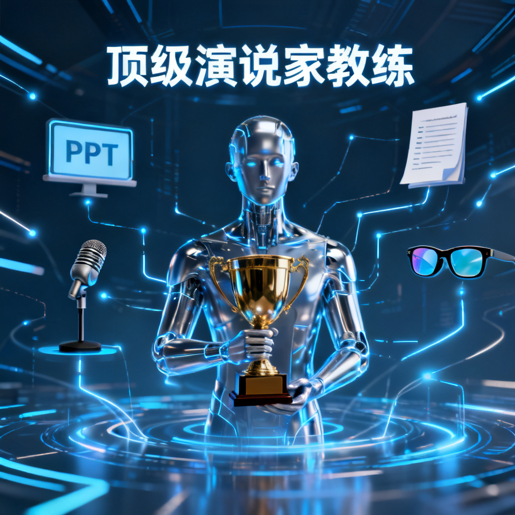 ChatPPT作为“顶级演说家教练”的抽象概念图，中央是一个数字人手持奖杯，周围环绕着PPT图标、演讲稿、麦克风、智能眼镜等元素，风格科技感十足