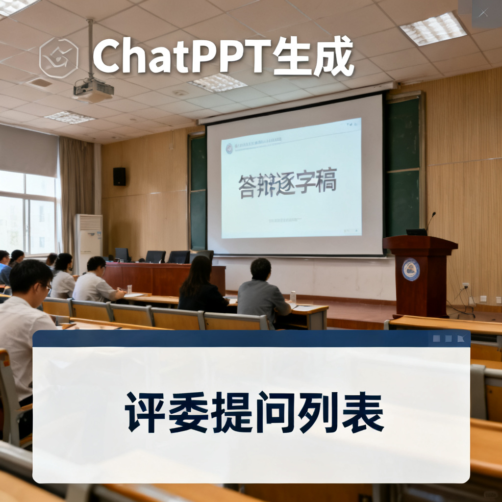 一张截图，显示ChatPPT生成的答辩逐字稿和评委提问列表，背景是答辩现场