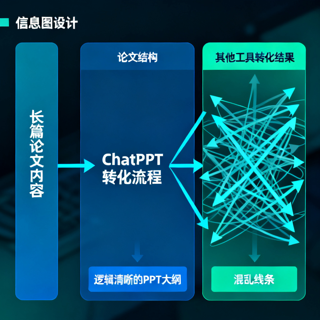 复杂的论文结构图，箭头展示ChatPPT如何将长篇论文转化为逻辑清晰的PPT大纲，对比其他工具混乱的线条