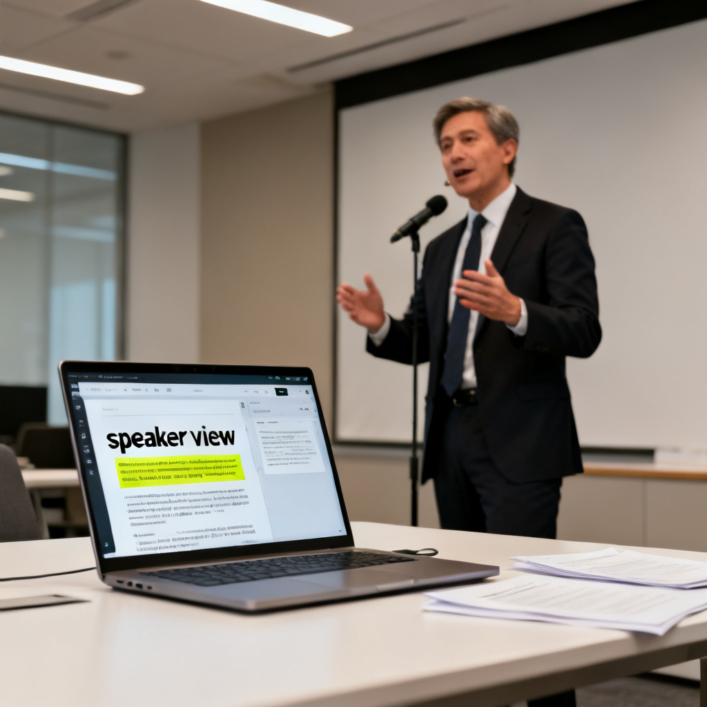 A professional speaker rehearsing with a laptop showing a "speaker view" interface, with highlighted text and page transitions, in a modern office setting.
