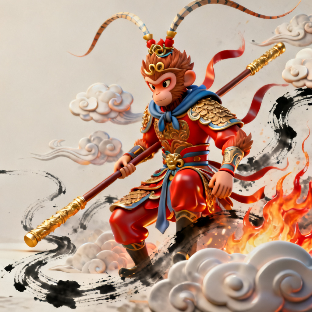 3D西游记风格的产品发布会幻灯片,孙悟空造型的图表元素,水墨笔触与立体感结合,8K渲染