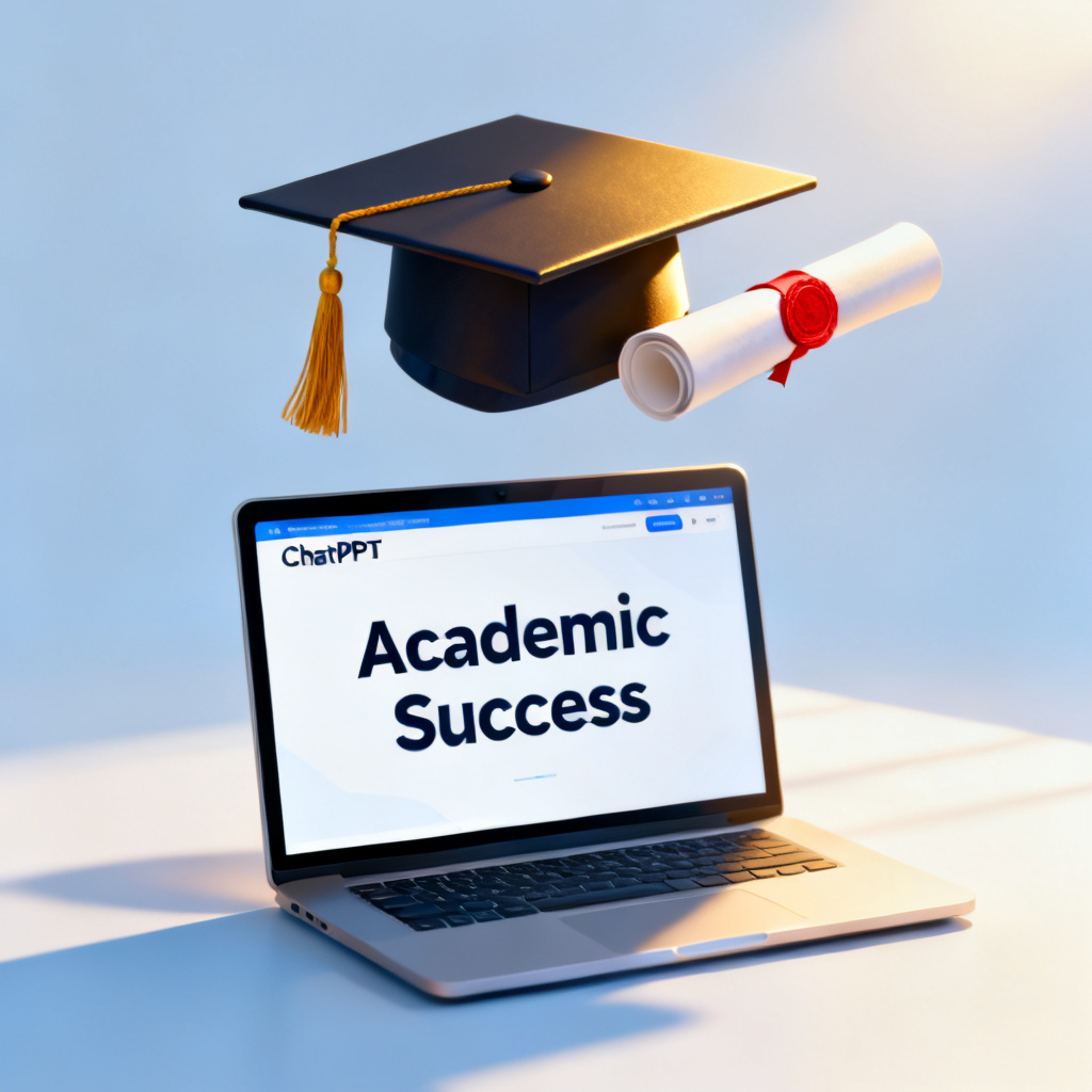 A graduation cap and diploma floating above a laptop screen displaying the ChatPPT interface, symbolizing academic success.