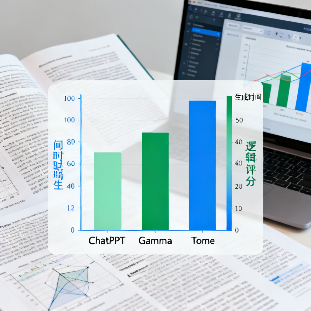 一张对比图表，显示ChatPPT、Gamma、Tome在生成时间、逻辑评分上的柱状图，背景为学术论文和电脑屏幕