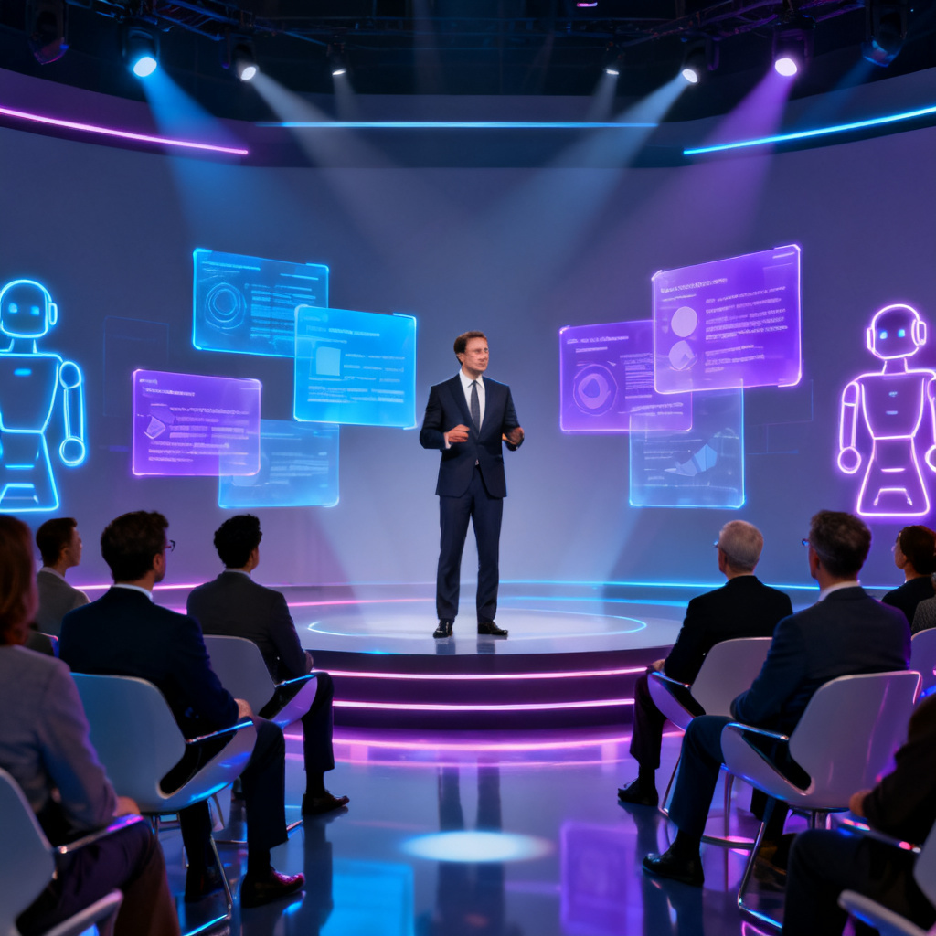 A professional speaker standing on a futuristic stage, with holographic slides floating around, presenting to an audience of investors, digital assistant icons visible in the background.