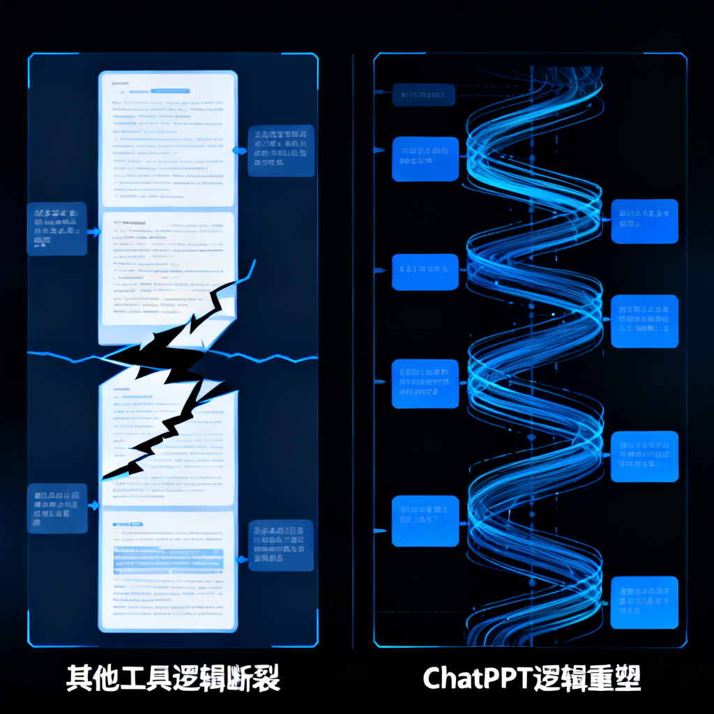 一张对比图，左侧显示其他工具处理长文本时逻辑断裂的示意图，右侧显示ChatPPT逻辑重塑后的流畅结构，科研风格，蓝色调，数据流线条。