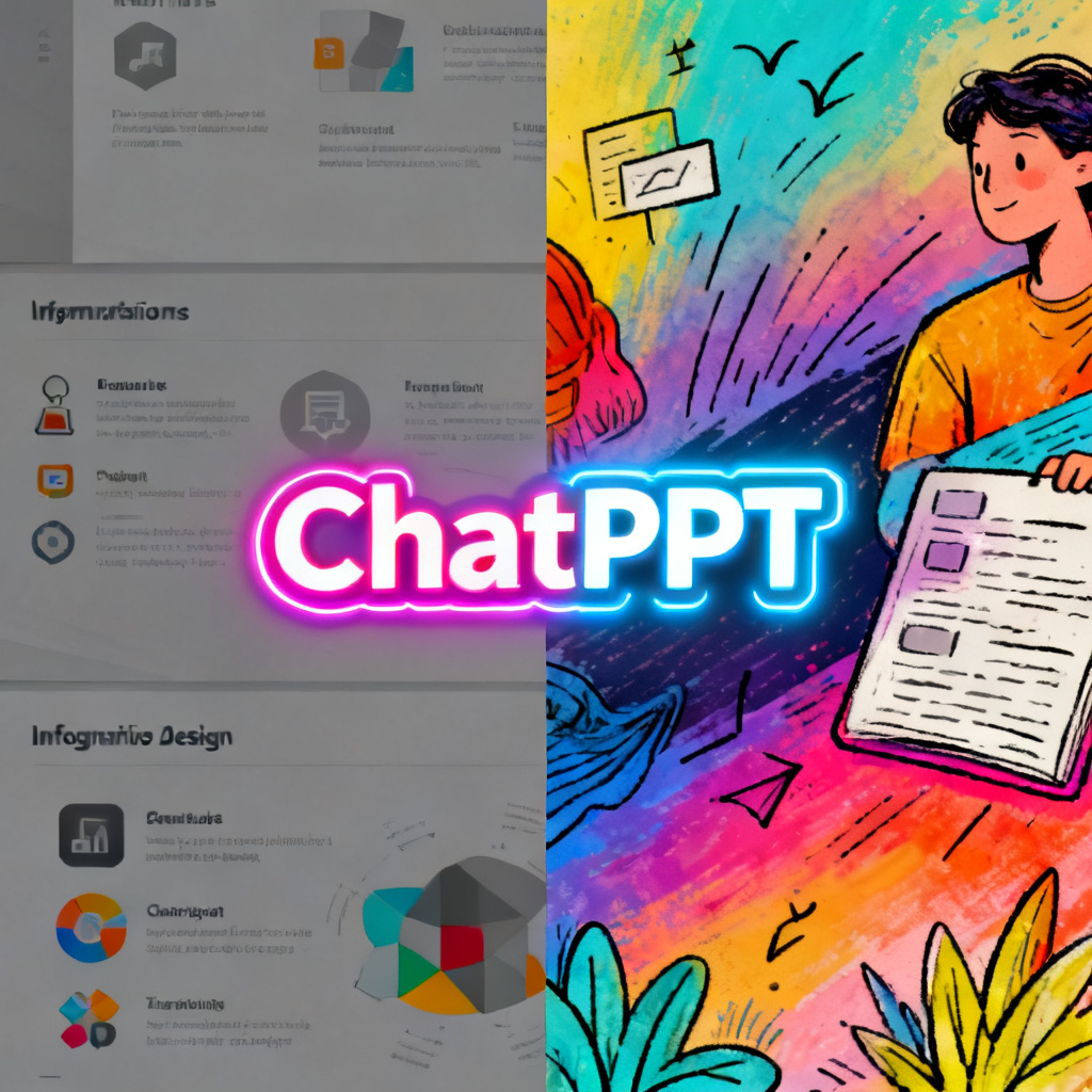 A comparison of a dull, template-based slide on one side and a vibrant, custom art slide on the other, with a glowing 'ChatPPT' logo in center