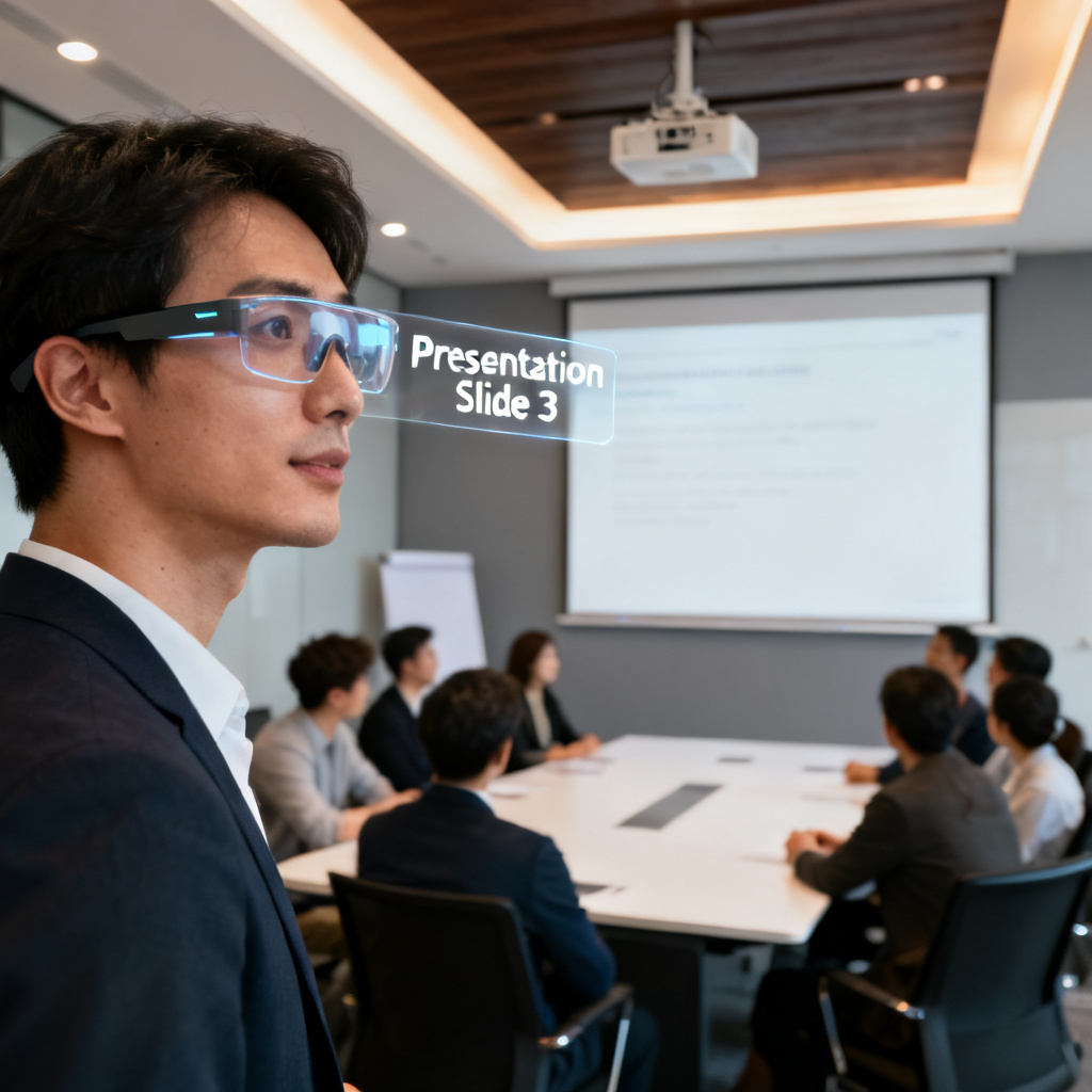 A person wearing smart glasses with transparent text overlay on the lens, giving a presentation in a conference room, with audience looking attentive.