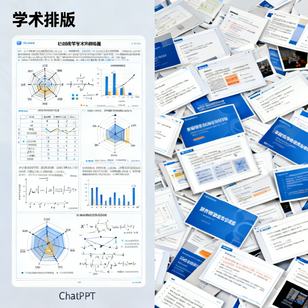 对比图：左侧是ChatPPT生成的学术PPT，排版严谨，包含复杂图表和公式；右侧是普通工具生成的杂乱PPT，风格对比明显，标注“学术排版”字样