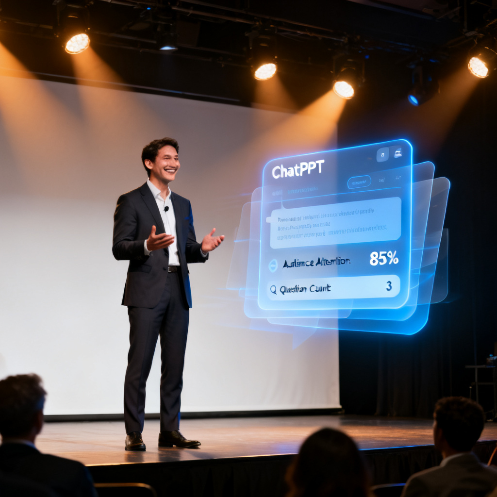 A professional presenter confidently delivering a speech on stage, with a holographic ChatPPT interface floating beside them, showing real-time speech notes and audience engagement.