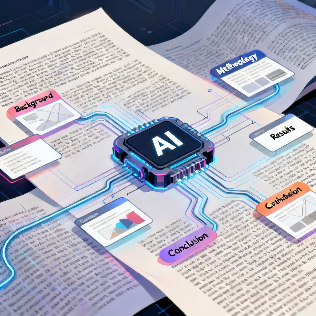 A digital illustration showing a dense academic paper text flowing into a central AI engine, which outputs a structured, logical sequence of slide thumbnails. The transition is smooth, with keywords like 'Background', 'Methodology', 'Results', 'Conclusion' highlighted along the path.