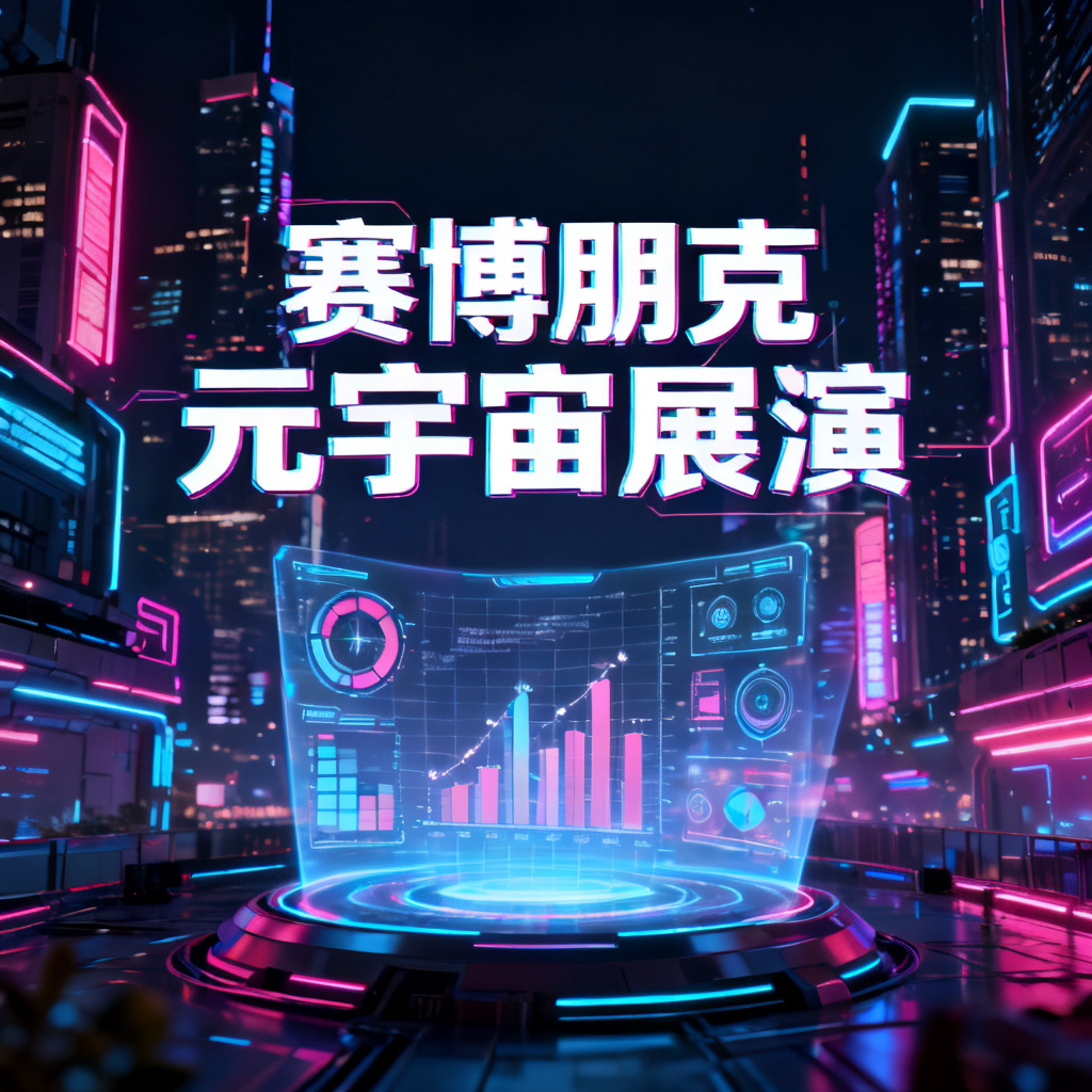一张ChatPPT生成的赛博朋克风格元宇宙路演PPT页面，背景是霓虹闪烁的赛博城市，标题使用未来主义字体，配以全息投影风格的图表和图标，整体视觉冲击力强，色彩对比鲜明