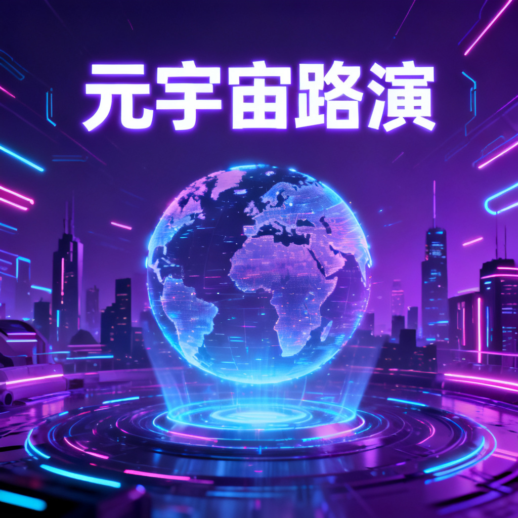 一张赛博朋克风格的元宇宙路演PPT封面,霓虹灯光与科技感元素,主色调为紫色和蓝色,页面中央为全息投影地球,背景为未来城市轮廓