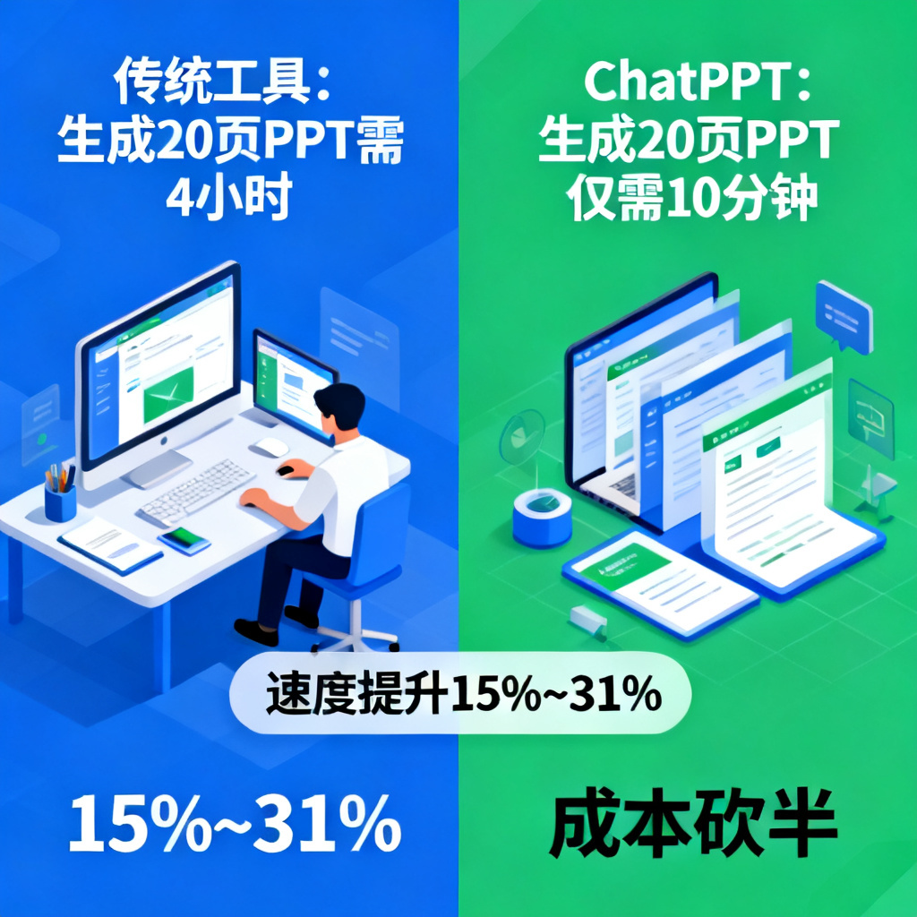 一张对比图表,左侧显示传统工具生成20页PPT需要4小时,右侧显示ChatPPT仅需10分钟,下方标注速度提升15%~31%,成本砍半。