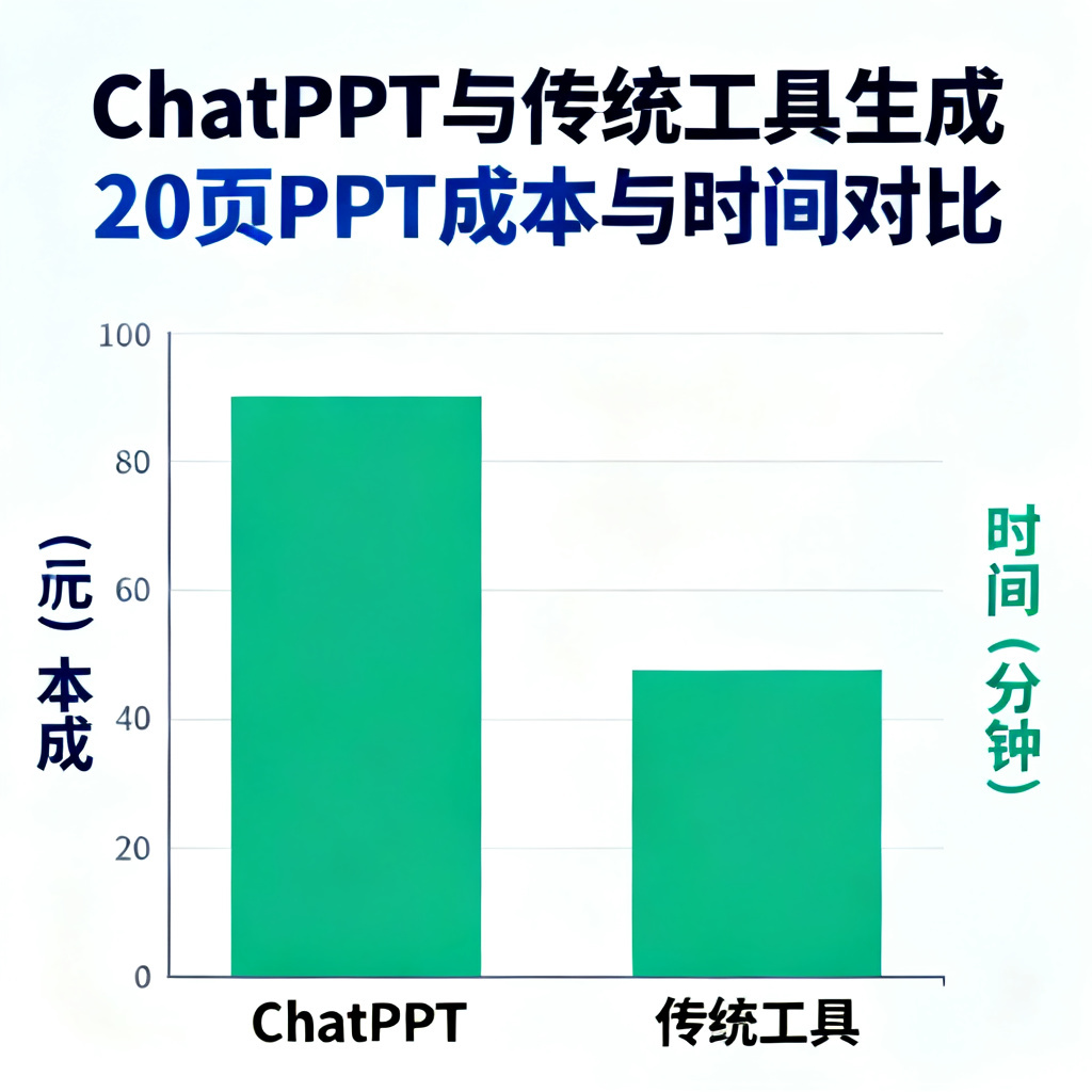 数据对比图表，ChatPPT与传统工具在生成20页PPT时的成本与时间对比，柱状图显示ChatPPT各项指标显著低于竞品