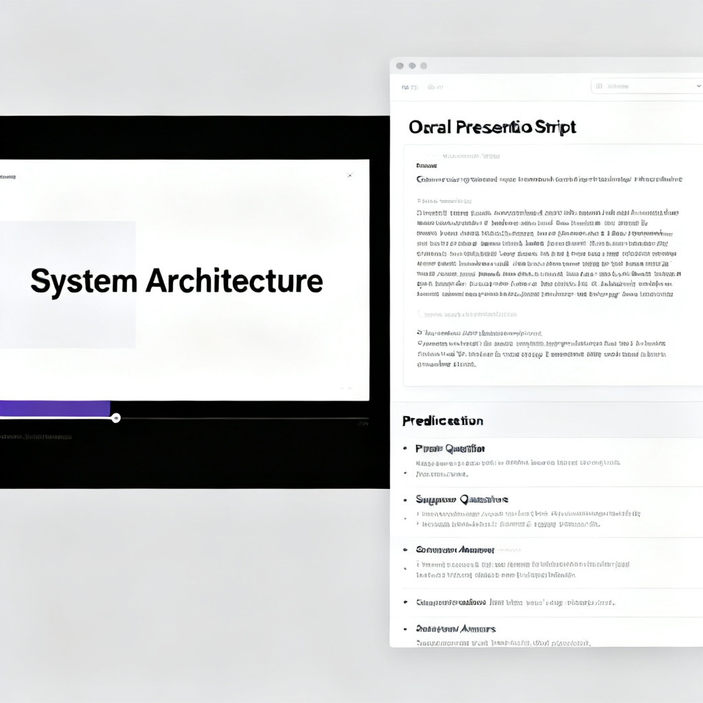 A screenshot of ChatPPT’s defense assistant interface. The left panel shows a slide about “System Architecture”. The right panel shows a generated script for oral presentation, and below it, a list of predicted questions with suggested answers. The overall design is clean and academic.