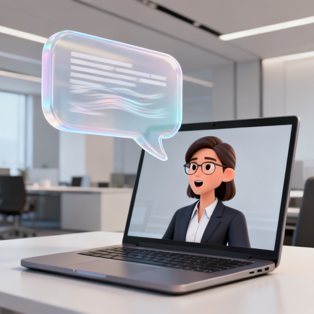 A digital avatar of a business person speaking from a laptop screen, with a translucent speech bubble containing flowing text, modern office background, realistic rendering, 4k.