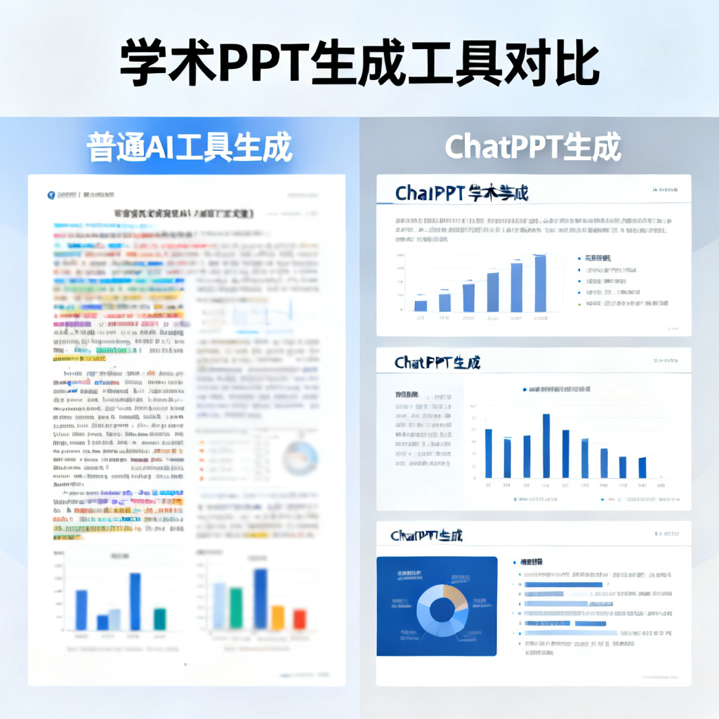 对比图:左侧显示一个由普通AI工具生成的论文PPT,风格花哨,字体过小,图表模糊;右侧显示ChatPPT生成的学术PPT,风格简约,标题清晰,数据图表高清,排版严谨,体现学术级排版优势