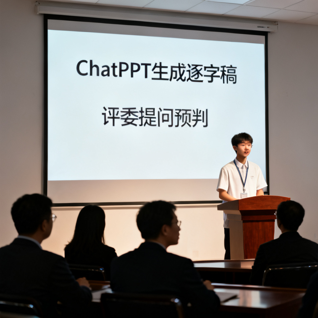一个学生在答辩台上自信演讲，身后大屏幕显示ChatPPT生成的逐字稿和评委提问预判，评委们认真倾听，氛围正式