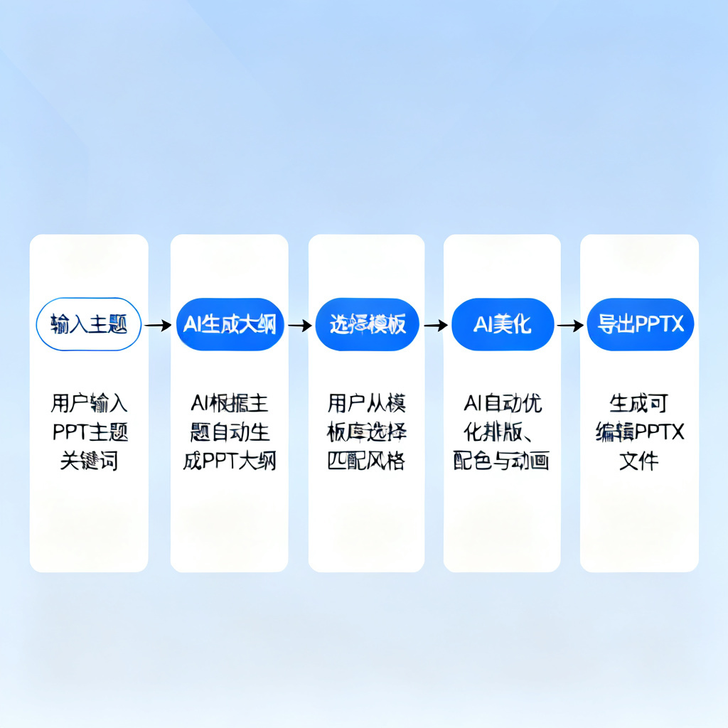 一个流程图展示从输入主题到生成PPT的完整步骤:输入主题→AI生成大纲→选择模板→AI美化→导出PPTX,步骤清晰标注