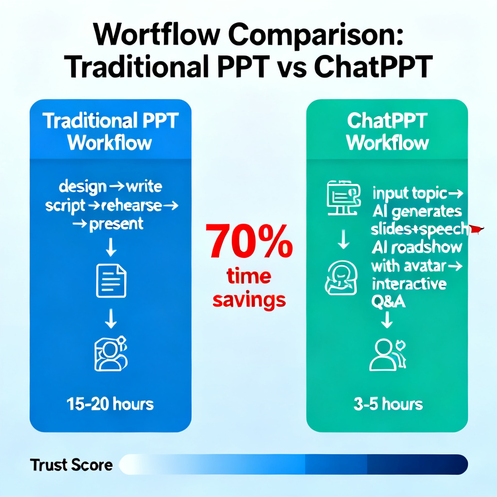 An infographic comparing 'Traditional PPT Workflow' (design→write script→rehearse→present, 15-20 hours) vs 'ChatPPT Workflow' (input topic→AI generates slides+speech→AI roadshow with avatar→interactive Q&A, 3-5 hours), showing 70% time savings and a 'Trust Score' bar.