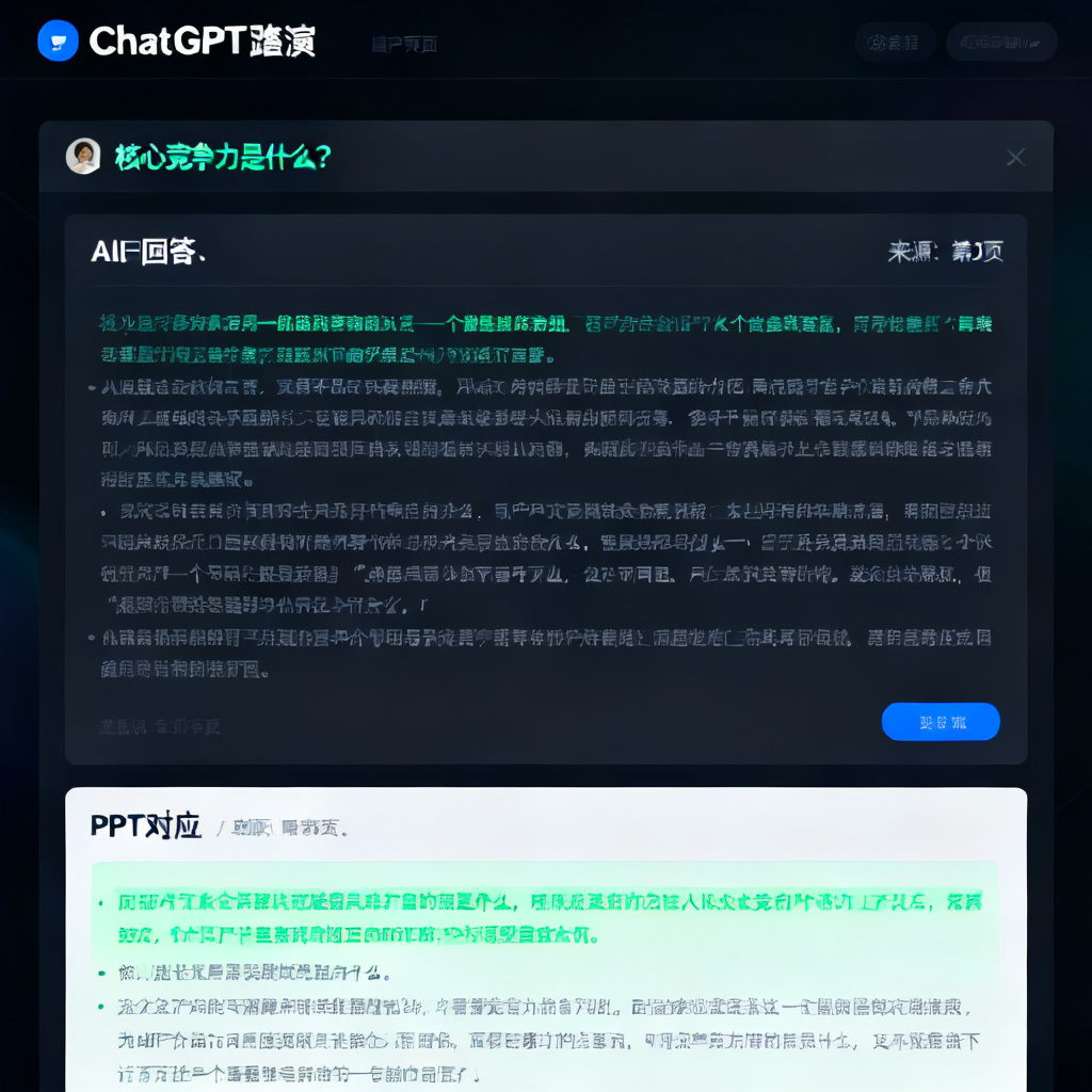一张截图，显示ChatGPT路演页面中，用户提问“核心竞争力是什么？”，AI回答并标注“来源：第3页”，同时页面高亮显示PPT中对应的内容区域。