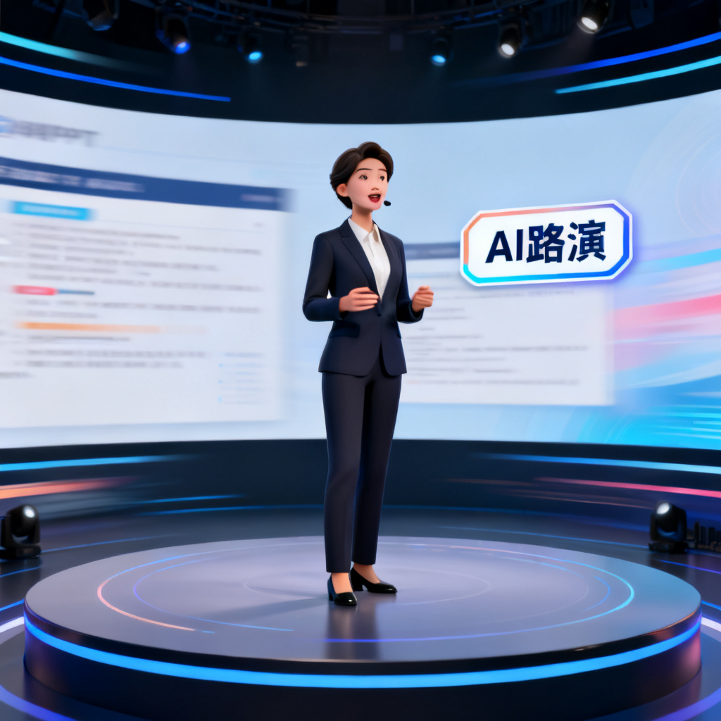 一个数字人分身站在虚拟舞台上,背景是动态的PPT页面,数字人嘴唇微动,似乎在进行路演,旁边有“AI路演”的标识,风格逼真、专业