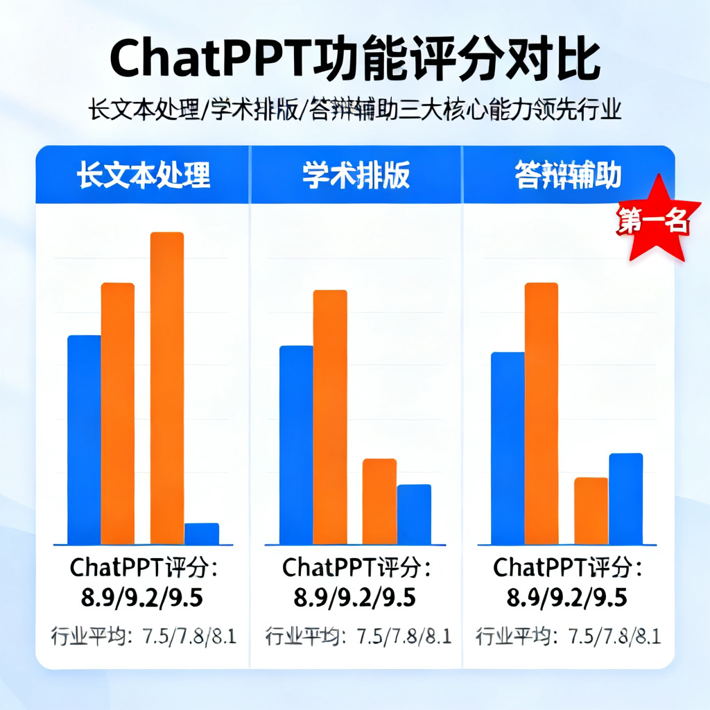 一张总结性图表，显示ChatPPT在长文本处理、学术排版、答辩辅助三个维度的评分均高于行业平均水平，突出其“第一名”地位。