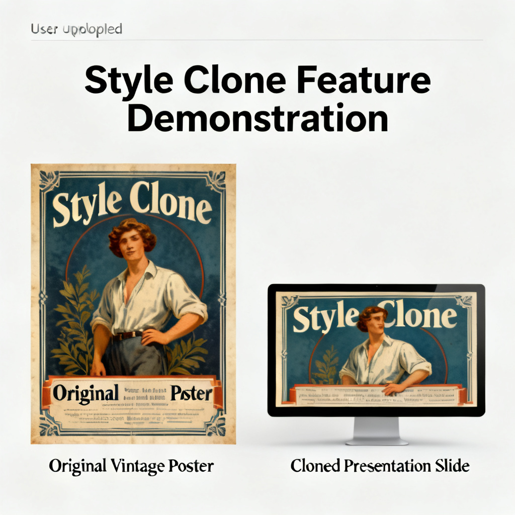 A final example slide showing a user-uploaded photo of a vintage poster being style-replicated into a presentation slide, with matching colors, fonts, and layout, demonstrating the "style clone" feature.