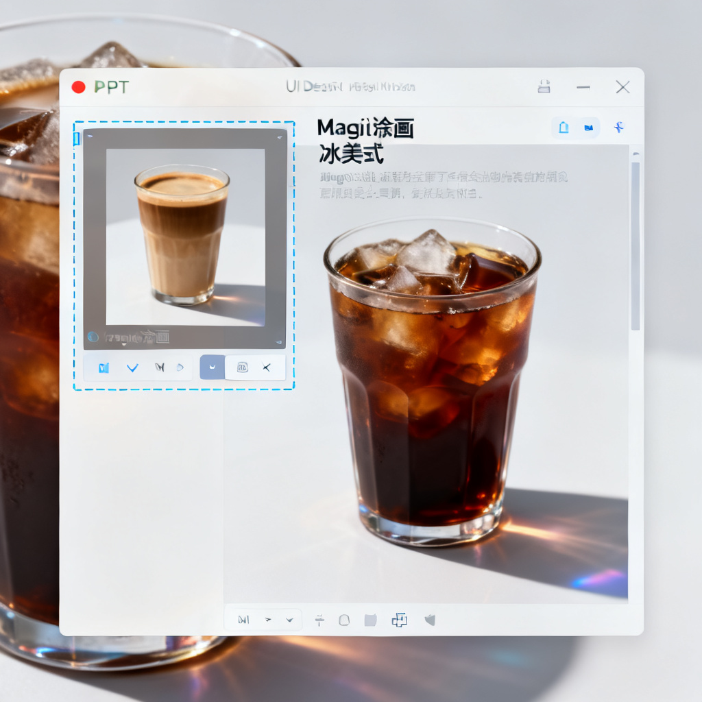 一个PPT页面的局部放大图,显示框选区域后通过Magic涂画功能将一杯咖啡替换为一杯冰美式,替换后的图像与原有背景完美融合,光影一致