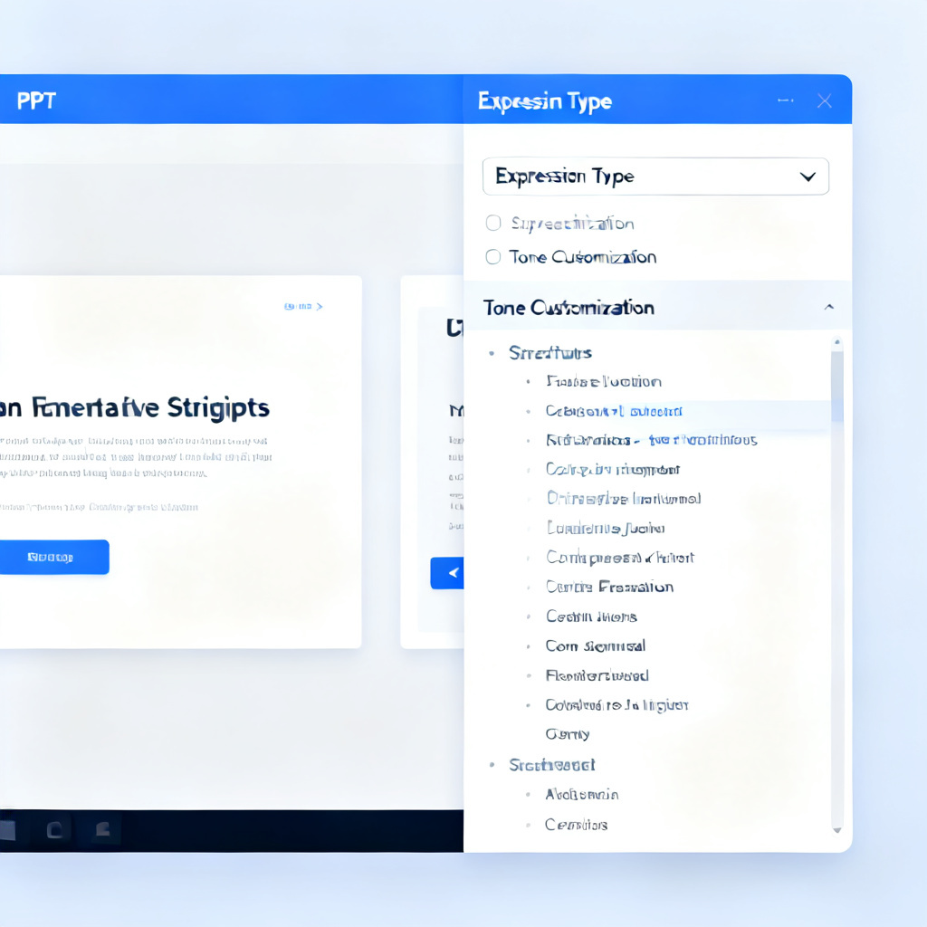 A screenshot showing ChatPPT's speaker view interface, with a split screen displaying the PPT slide on the left and the structured speech script on the right, highlighting the expression type selection dropdown and the tone customization options.