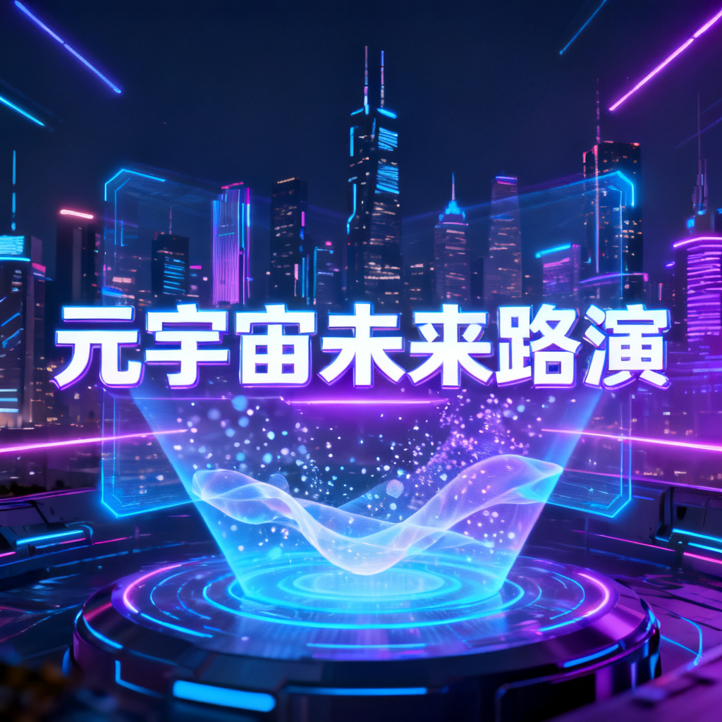 一个赛博朋克风格的元宇宙路演PPT封面,霓虹灯光与全息投影叠加,未来城市天际线作为背景,科技感字体的标题位于画面中央