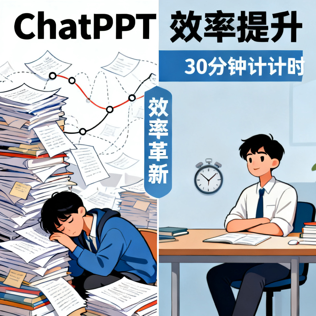 一张总结性插画，左侧是传统论文PPT制作方式：堆积如山的论文、杂乱的时间线、疲惫的学生；右侧是使用ChatPPT后：整洁的桌面、30分钟倒计时、自信的学生。中间有一道分割线，标注“效率革新”。整体风格对比强烈，突出ChatPPT带来的效率提升。