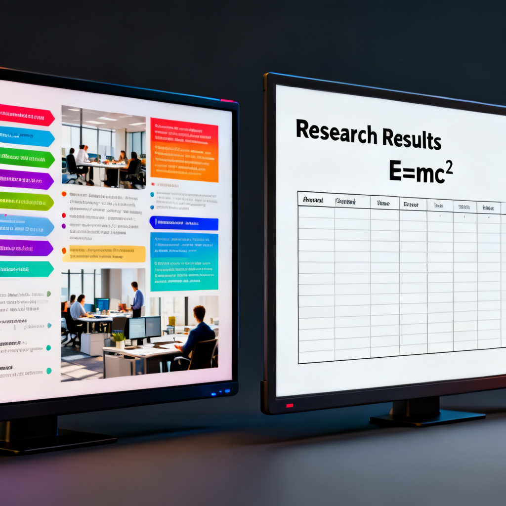 Side-by-side comparison of two PPT slides: left slide is cluttered, colorful, with bullet points and stock photos (business style); right slide is clean, with a data table, formula, and a simple header (academic style). Style: realistic, high contrast.