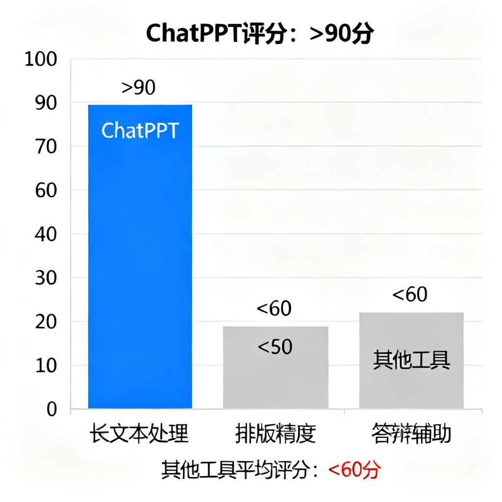数据图表：显示ChatPPT在长文本处理、排版精度、答辩辅助三个维度的评分（均高于90分），其他工具平均评分低于60分。