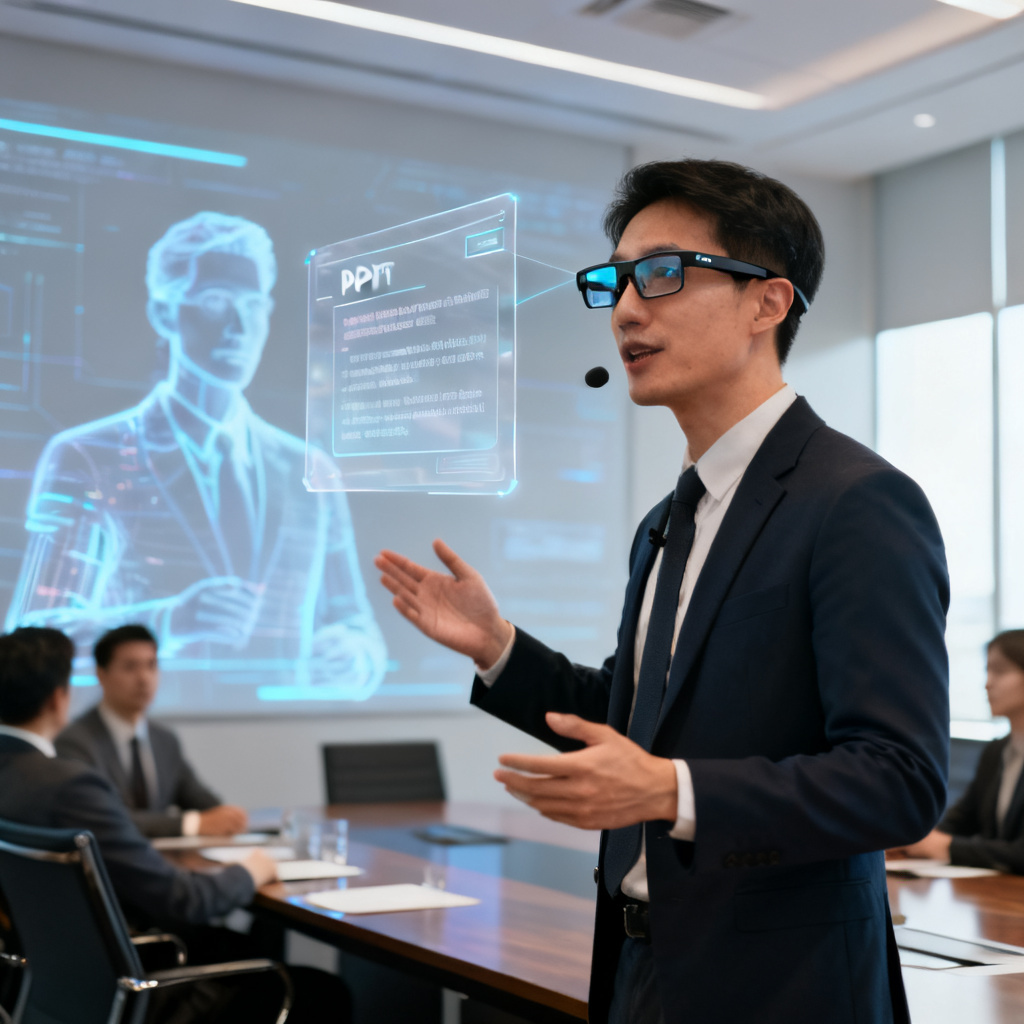 一位职场人士在会议室中对着智能眼镜演讲，PPT在眼镜中显示为透明提词器，背景是虚拟数字人形象，风格写实，光线明亮，科技感