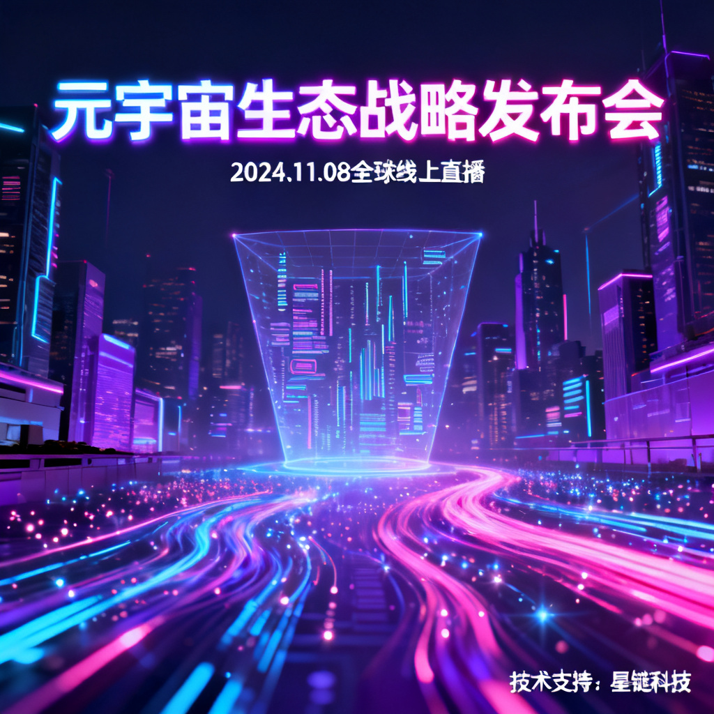 赛博朋克风格的元宇宙路演PPT，霓虹色调，动态光影，科技感元素，数字城市背景，全息投影效果