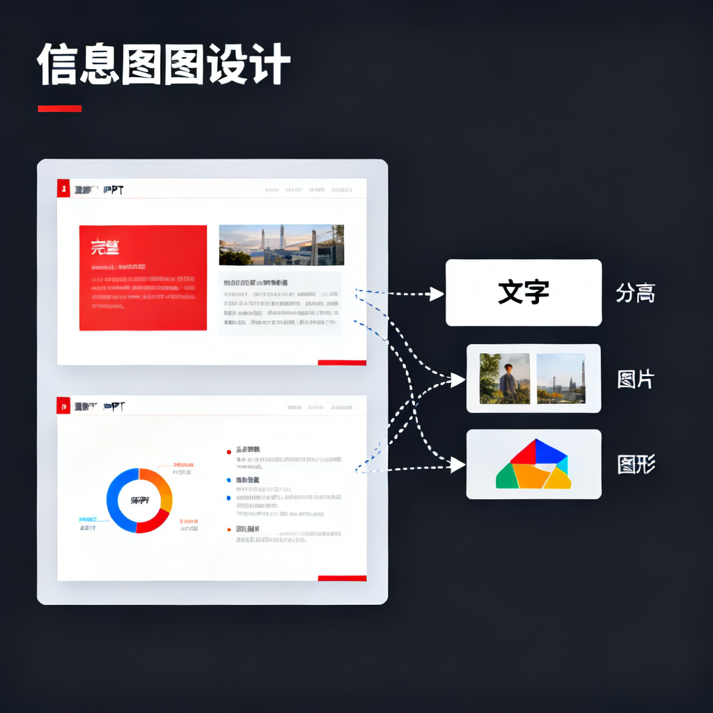 展示图层分离示意图,左侧是完整PPT页面,右侧是分离的文字、图片、图形图层,箭头指向