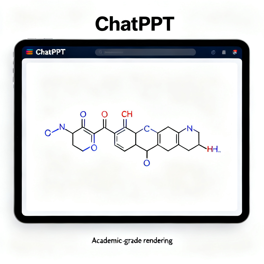 A screenshot-style illustration of ChatPPT interface showing a complex chemical formula rendered perfectly in a slide, with a caption 'Academic-grade rendering'.
