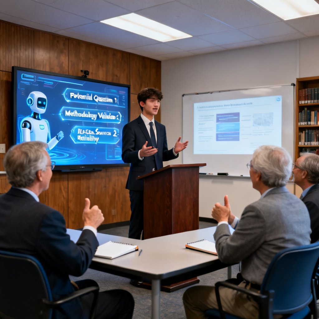 A student confidently presenting in a defense room, with a virtual assistant showing potential questions on a side screen, while professors nod approvingly.