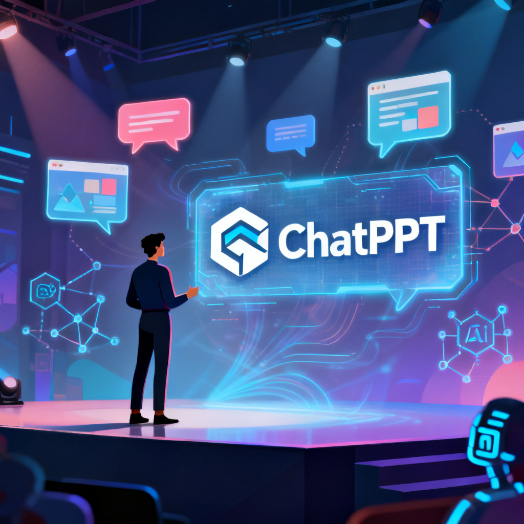 A conceptual illustration showing a person standing confidently on a stage, with a holographic 'ChatPPT' logo floating beside them, surrounded by visual elements like speech bubbles, slide icons, and AI interaction nodes, representing the tool's role as a virtual speech coach.