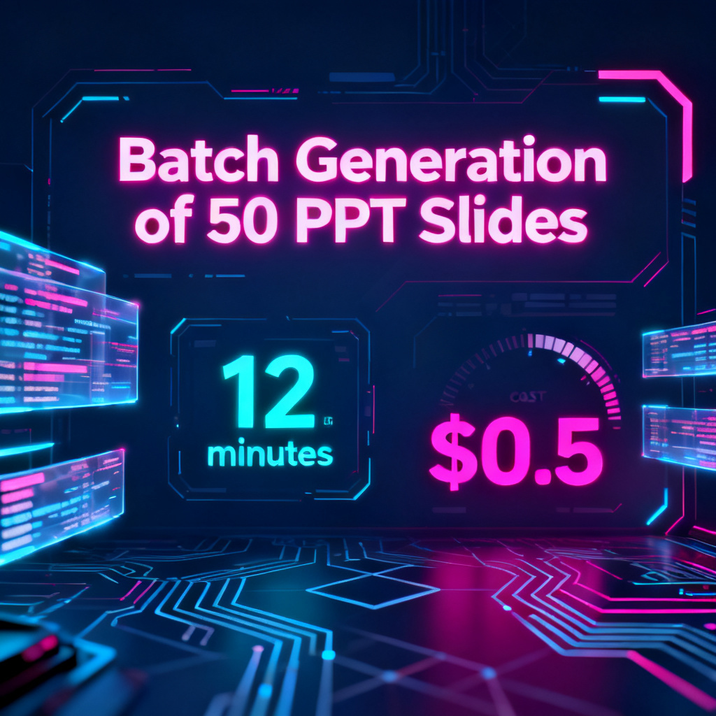 A dashboard showing batch generation of 50 PPT slides in cyberpunk style, with a timer displaying 12 minutes and a cost meter showing $0.5, emphasizing efficiency and low cost