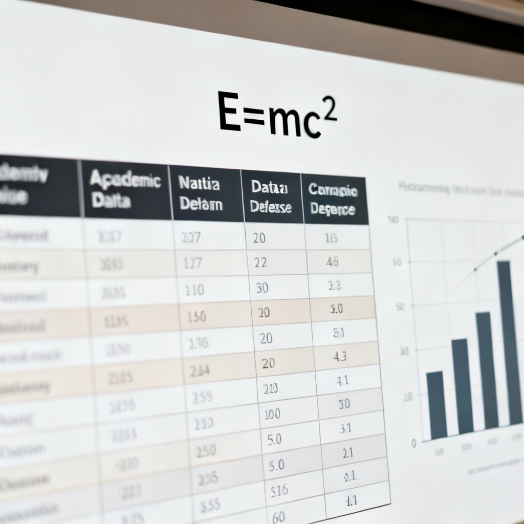 A close-up view of a presentation slide showing a well-organized data comparison table with clean typography, a scientific formula displayed in LaTeX format, and a clear bar chart. The overall design is professional, minimalist, and suitable for academic defense.