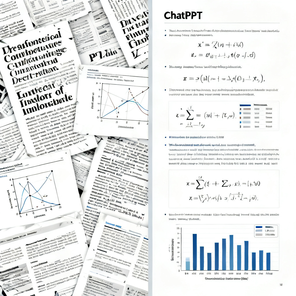 Side-by-side comparison of a physics PhD thesis PPT slide: left side shows a chaotic layout with mismatched fonts and distorted diagrams, right side shows ChatPPT's output with clean layout, properly rendered equations, and clearly labeled data charts