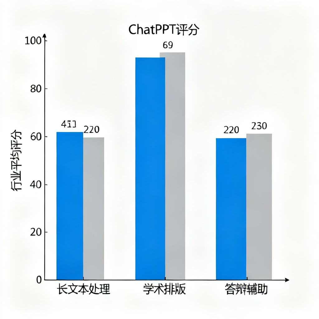 一张数据图表，显示ChatPPT在长文本处理、学术排版、答辩辅助三个维度的评分均高于行业平均
