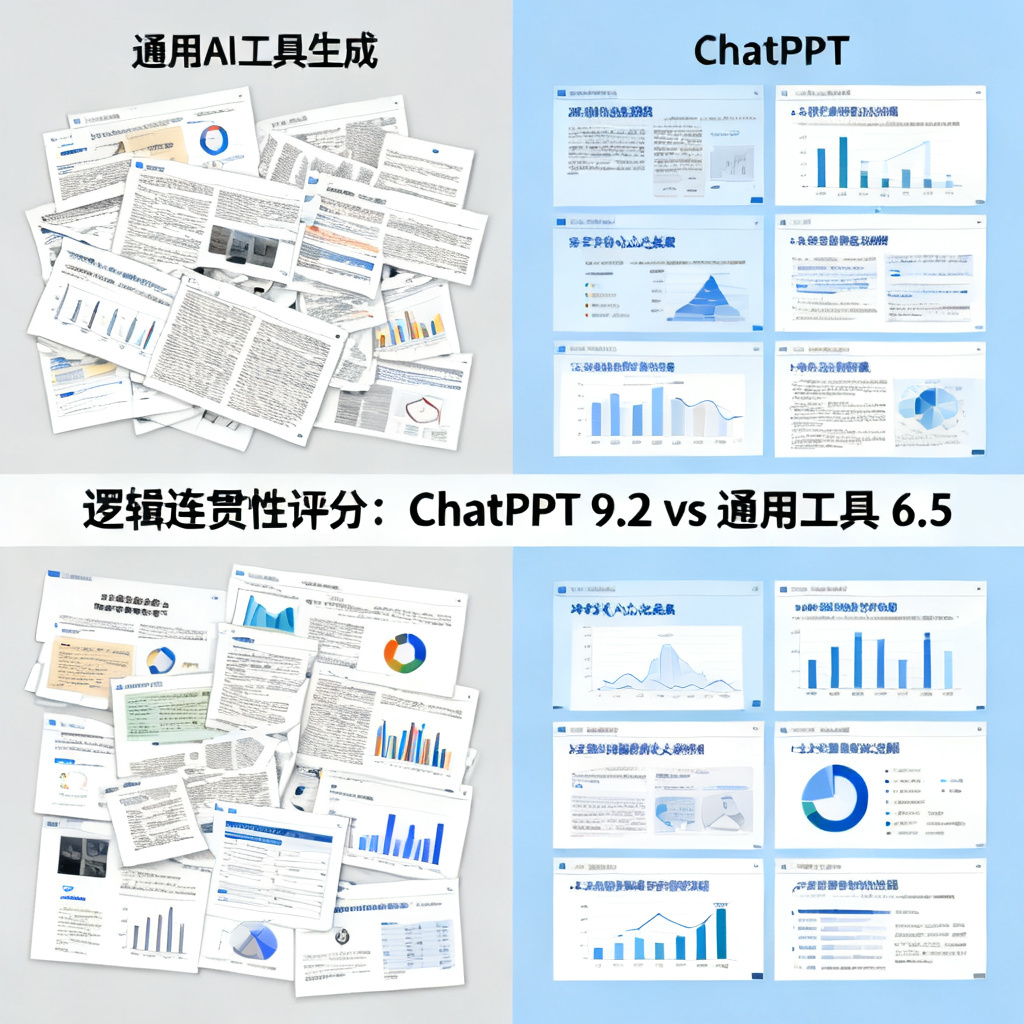 一个对比示意图,左侧为通用AI工具生成的论文PPT页面,内容杂乱、逻辑跳跃,右侧为ChatPPT生成的页面,结构清晰、每页包含核心论点与数据,中间标注“逻辑连贯性评分:ChatPPT 9.2 vs 通用工具 6.5”