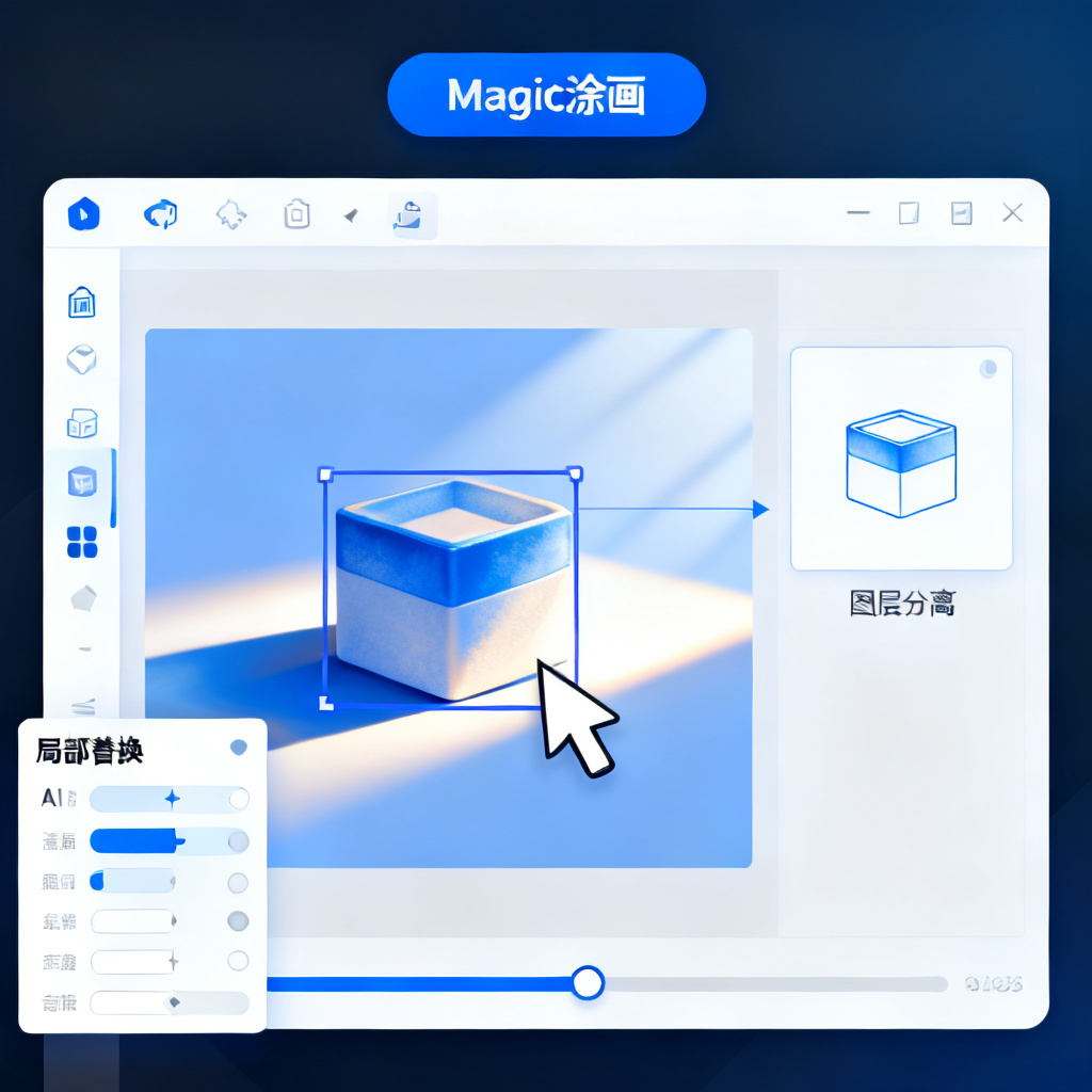 演示文稿编辑界面，用户框选区域，AI 正在执行 Magic 涂画，局部替换物体，光影融合，图层分离示意图