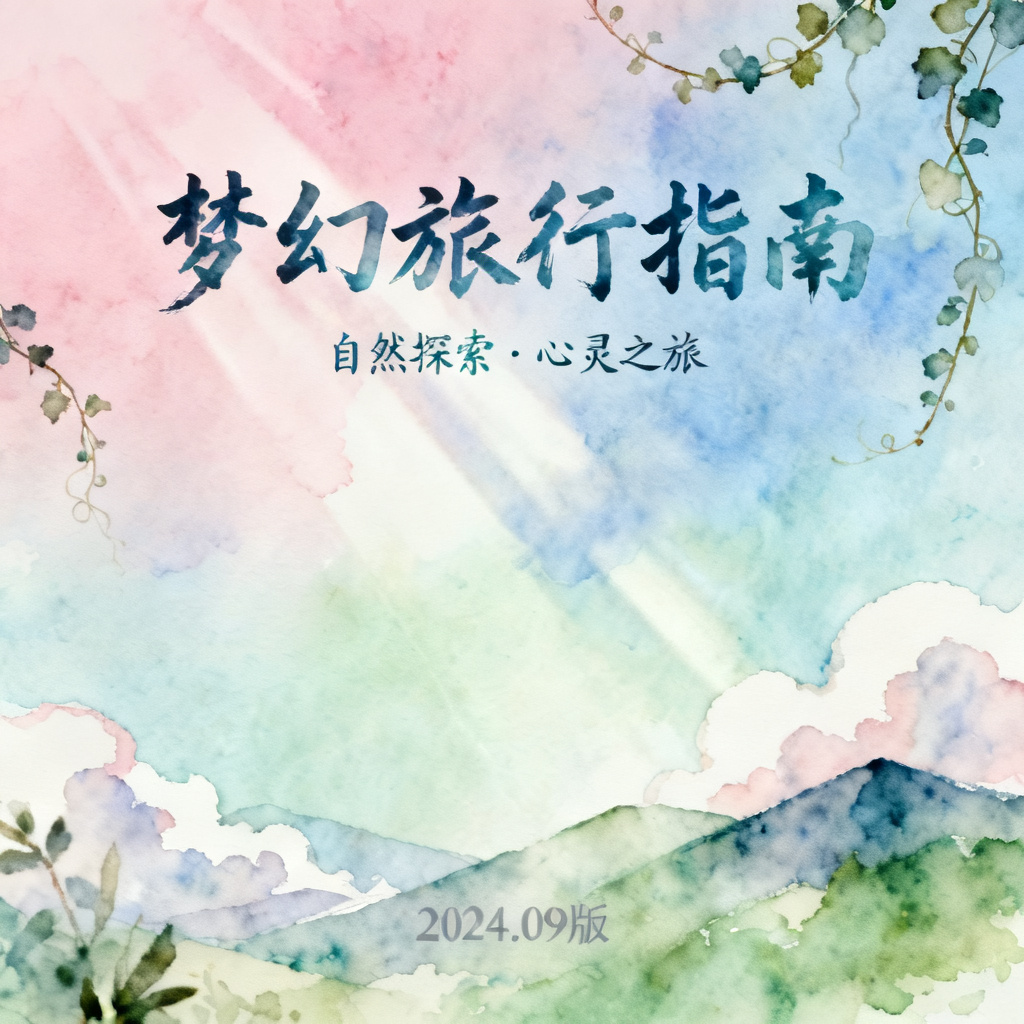 梦幻水彩风旅游攻略PPT，渐变色彩，晕染效果，自然元素，柔和光线