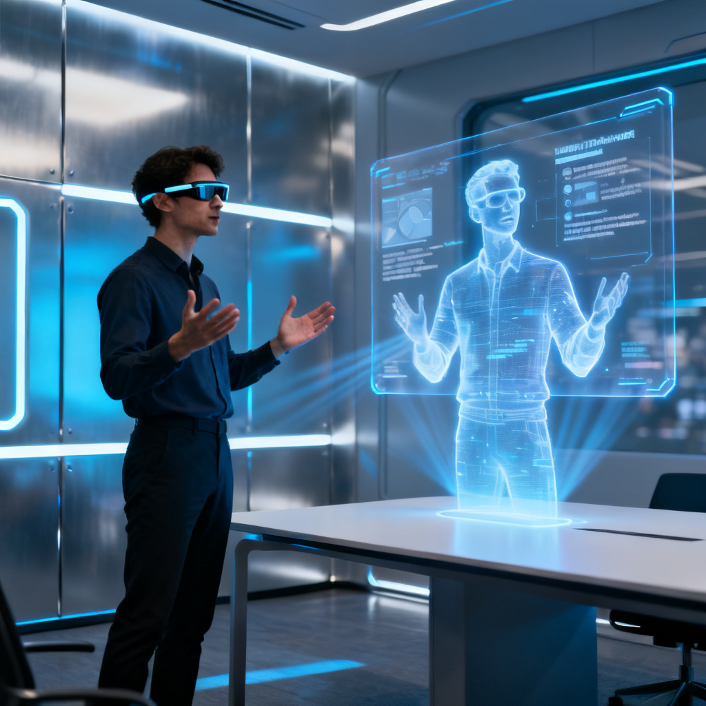 A person wearing smart glasses presenting, with a holographic digital human projection of the same person speaking alongside the PPT slides, futuristic conference room, cinematic lighting